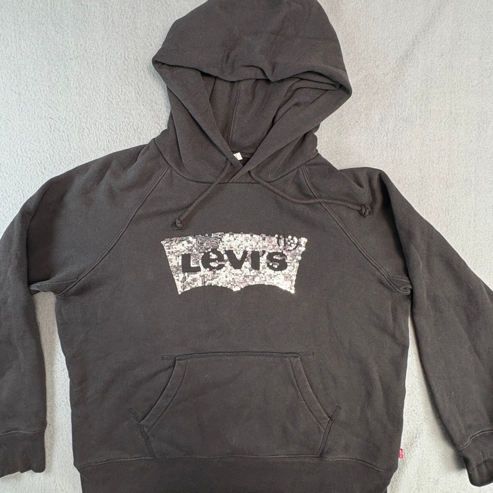 Levis Womens Silver Sequin Batwing Logo Hoodie Black Raglan Sweatshirt Small